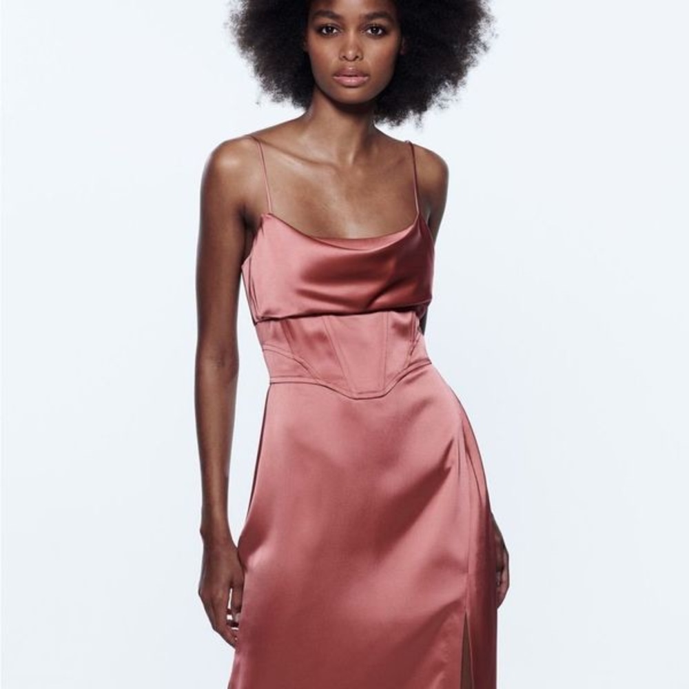 Zara Corsetry Satin effect midi dress mauve pink M new